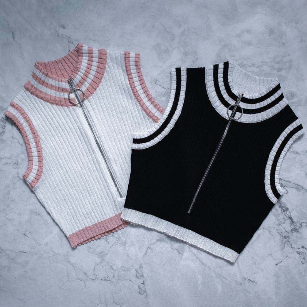 Parfait Striped Knit Zip-up Crop Top